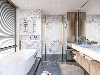 Modern Bathroom Interior Design With Marble Walls Freestanding Bathtub Large Mirror And Wooden Vanity 3d model
