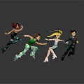 Four Animated Characters In Dynamic Action Poses With Stylish Colorful Outfits
