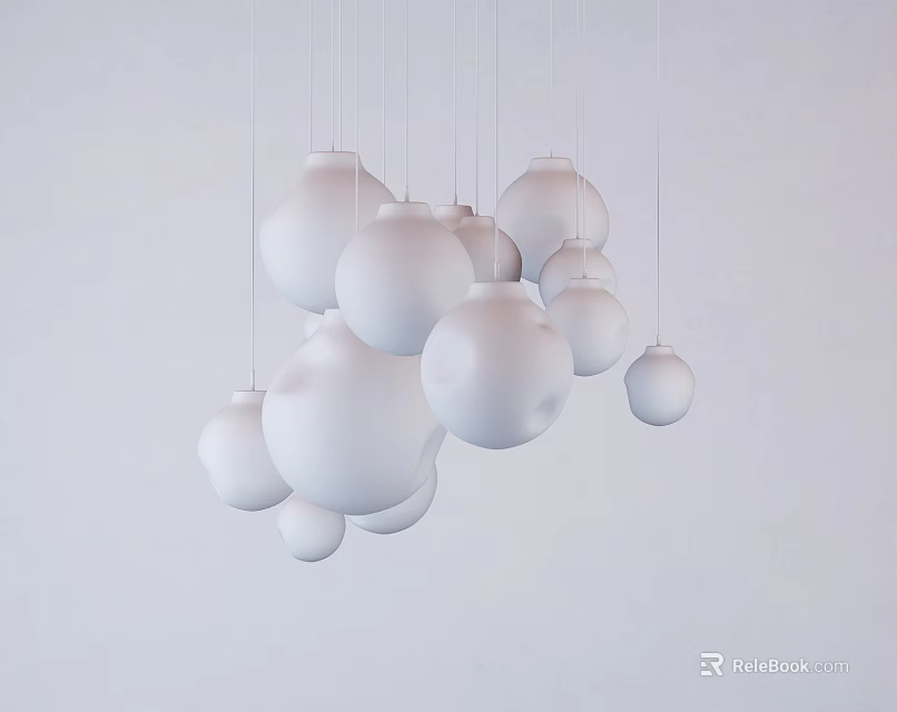 Multiple White Spherical Pendant Lights Hanging Against Light Colored Background 3d model
