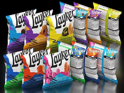 Lay's Potato Chips With Various Flavors And Colorful Snack Packaging Designs 3d model