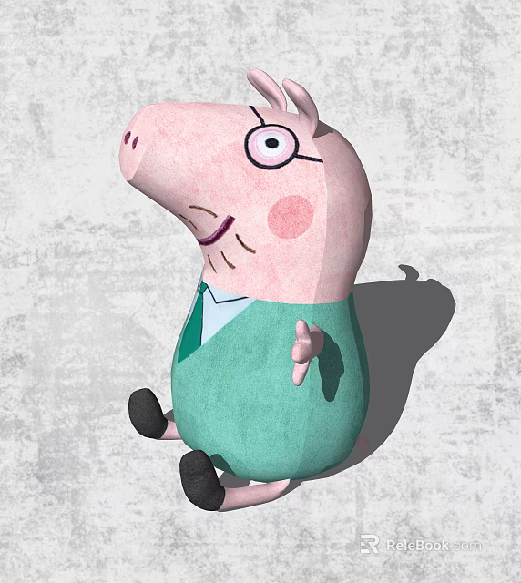 Cute Pink Pig Doll Wearing Green Outfit With Black Eyes Blush Cheeks And Shadow 3d model 
