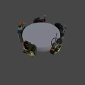 Tactical Weapons and Gear Display on White Circular Platform with Grenades Pouches and Signal Flares