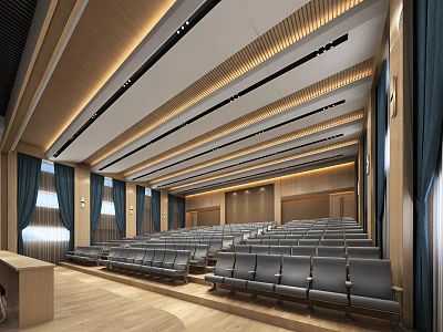 Spacious Modern Conference Room With Rows Of Gray Seats Wooden Walls And Blue Curtains 3d model