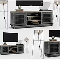 Vintage Industrial TV Stand With Metal Mesh Doors Wheels Floor Lamps And Decorative Clock