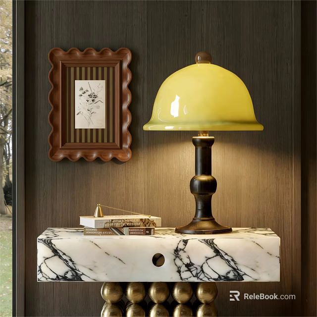 Yellow Lampshade Table Lamp With Black Base On Marble Countertop Near Picture Frame And Books 3d model 