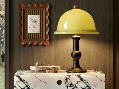 Yellow Lampshade Table Lamp With Black Base On Marble Countertop Near Picture Frame And Books 3d model