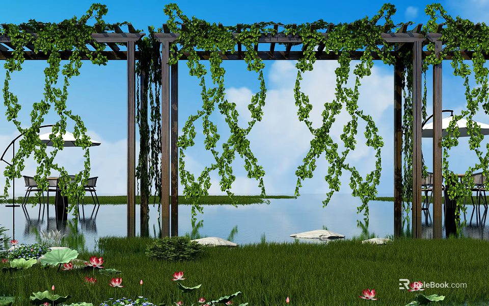 Pergola Covered With Green Vines Against Blue Sky Over Grass And Lotus Flowers 3d model 