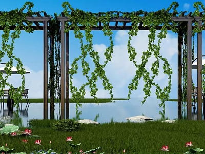 Pergola Covered With Green Vines Against Blue Sky Over Grass And Lotus Flowers 3d model