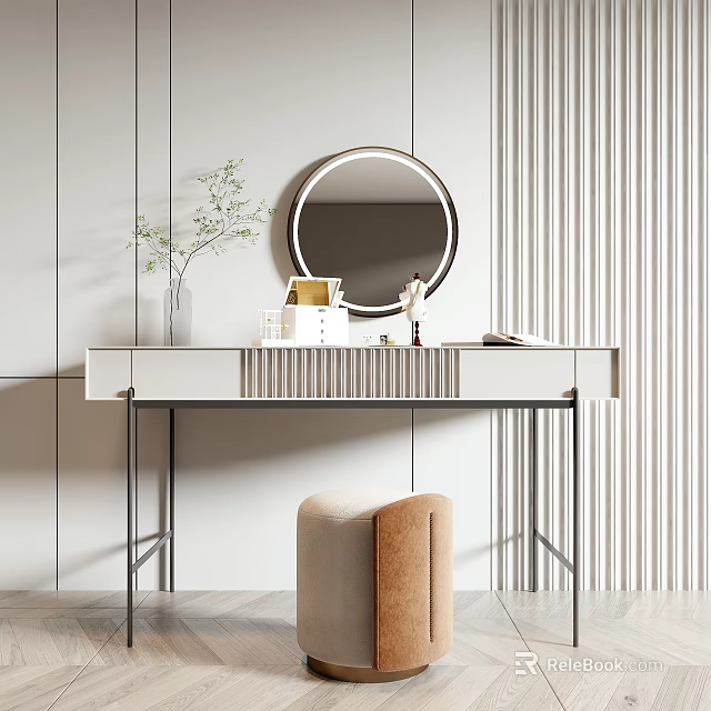Modern Dressing Table Interior With Circular Mirror Vase Plant Books Metal Legs And Stool 3d model 