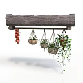 Wooden Hanging Shelf With Potted Plants And Red Fruits For Home Decor