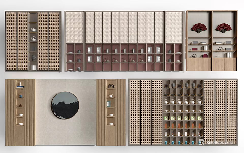 Various Wooden Display Shelves With Grid Design And Cabinet Doors For Decorative Items 3d model 