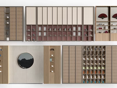 Various Wooden Display Shelves With Grid Design And Cabinet Doors For Decorative Items 3d model