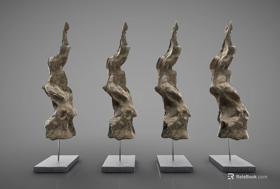 Decorative Ornament Set of Four Abstract Irregular Textured Sculptures with Square Bases for Home Decor 3d model 