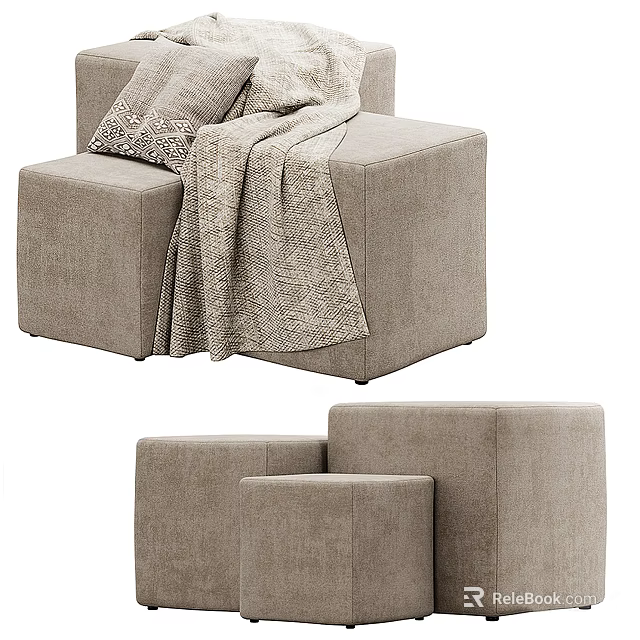 Modern Beige Fabric Ottoman With Cozy Throw Blanket And Decorative Pillows 3d model 
