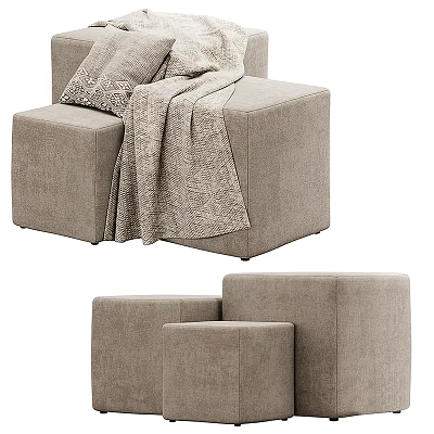 Modern Beige Fabric Ottoman With Cozy Throw Blanket And Decorative Pillows 3d model