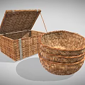 Handwoven Wicker Storage Box and Stacked Baskets for Household Use