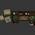 Game Movie Character's Vintage Wooden Desk With Books Cartons And Scrolls On Shelf