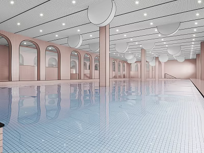 Indoor Swimming Pool with Arched Doors Round Pendant Lights Pink Walls and Blue Tiles 3d model