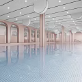 Indoor Swimming Pool with Arched Doors Round Pendant Lights Pink Walls and Blue Tiles