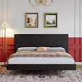 Black Herringbone Headboard Double Bed With Gray Pink Bedding White Red Wall And Chandelier