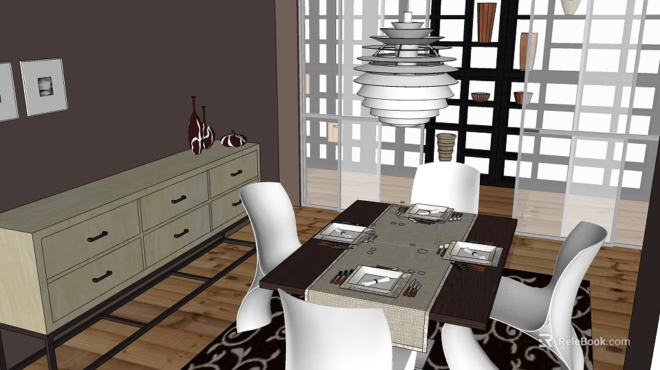 Modern Dining Table Set With White Chairs Tablecloth And Pendant Light In Wooden Floor Room 3d model 