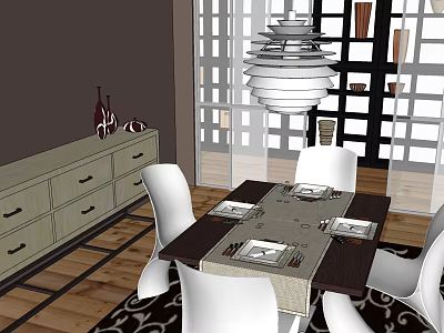 Modern Dining Table Set With White Chairs Tablecloth And Pendant Light In Wooden Floor Room 3d model