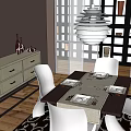 Modern Dining Table Set With White Chairs Tablecloth And Pendant Light In Wooden Floor Room