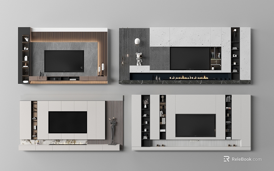 Modern TV Wall Cabinet Designs With Wooden Gray White Storage Shelves And Decor 3d model 