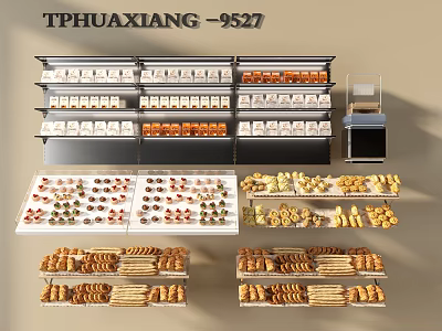 TPHUAXIANG 9527 Assorted Food Display With Various Breads Pastries And Cookies On Shelves 3d model