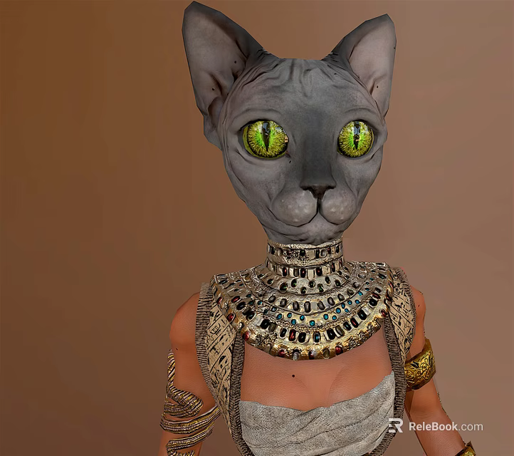 Mystical Sphynx Cat Character With Striking Green Eyes And Egyptian Style Necklace Arm Cuffs 3d model 