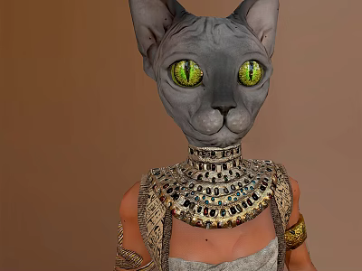 Mystical Sphynx Cat Character With Striking Green Eyes And Egyptian Style Necklace Arm Cuffs 3d model