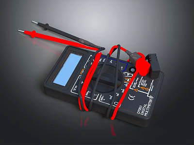 Household Digital Multimeter With Red Black Test Leads Digital Screen And Control Buttons 3d model