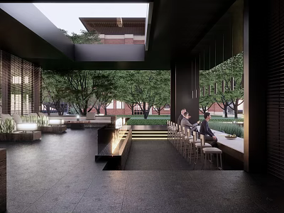 Modern Office Landscape With Outdoor Seating Trees Natural Light And Contemporary Design 3d model