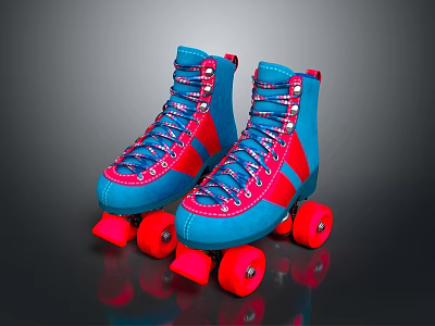 Blue And Red Stylish Roller Skates With Pink Laces And Red Wheels 3d model