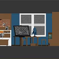 Study Room Interior Design With Wooden Desk Bookshelf Blackboard And Window