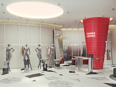 Modern Fashion Clothing Store Interior With Mannequins Red Decor Clothing Racks Display Tables and Lighting 3d model