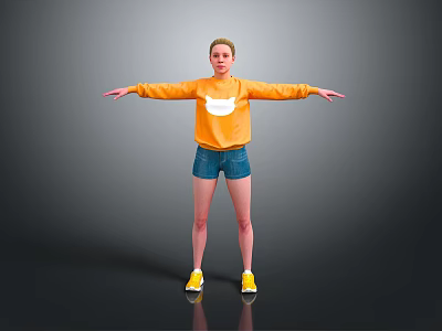 Child In Orange Sweatshirt With White Design And Blue Denim Shorts Standing With Arms Outstretched 3d model