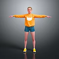 Child In Orange Sweatshirt With White Design And Blue Denim Shorts Standing With Arms Outstretched