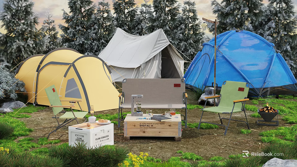 Yellow White And Blue Camping Tents At Outdoor Campsite With Trees Chairs And Wooden Crate 3d model 