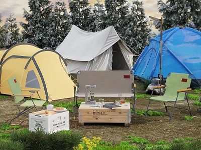 Yellow White And Blue Camping Tents At Outdoor Campsite With Trees Chairs And Wooden Crate 3d model