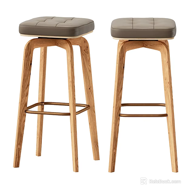 Modern Wooden Bar Stools With Gray Upholstered Seats And Metal Footrests 3d model 