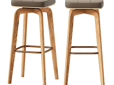 Modern Wooden Bar Stools With Gray Upholstered Seats And Metal Footrests 3d model