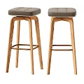 Modern Wooden Bar Stools With Gray Upholstered Seats And Metal Footrests