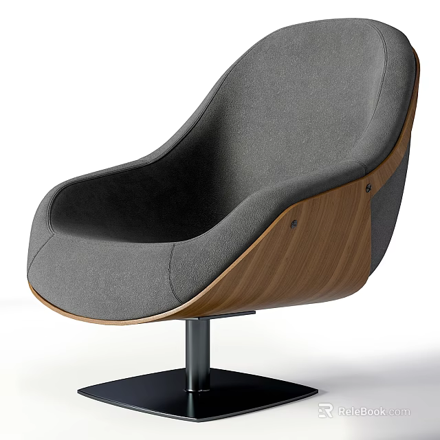 Modern Single Sofa With Gray Fabric Wooden Armrest And Metal Swivel Base 3d model 