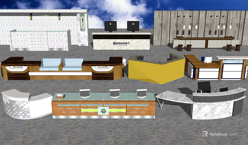 Modern Reception Desk Designs With Wooden Counter Yellow Surface And Computer Monitors 3d model