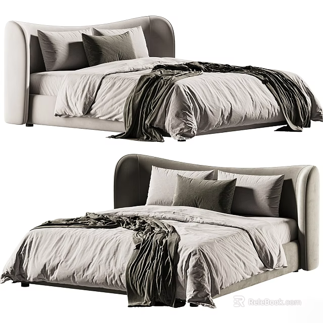 Modern Double Bed With Neutral Tones Bedding Soft Headboard And Plush Pillows 3d model 