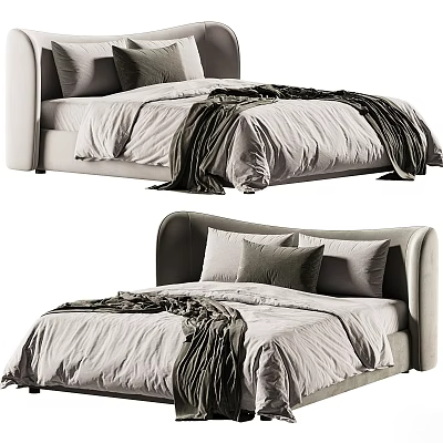 Modern Double Bed With Neutral Tones Bedding Soft Headboard And Plush Pillows 3d model