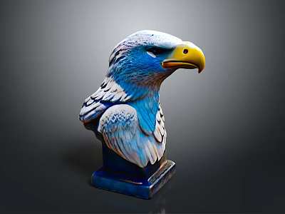 Detailed Blue And White Eagle Head Sculpture With Yellow Beak On Blue Base 3d model