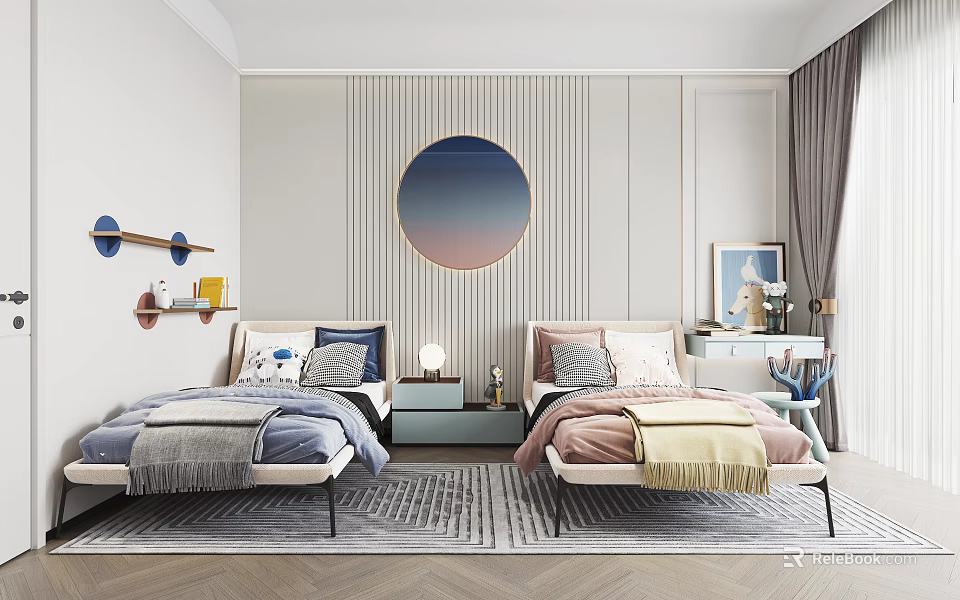 Cozy Kids Room Interior With Twin Beds Round Mirror Blue Pink Bedding And Striped Wall 3d model 