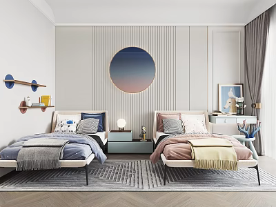 Cozy Kids Room Interior With Twin Beds Round Mirror Blue Pink Bedding And Striped Wall 3d model